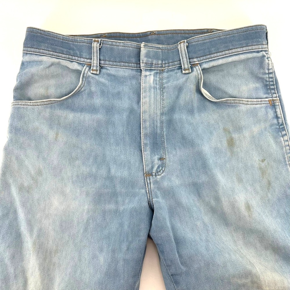 Vintage Wrangler Mens 34x30 Light Wash Denim Jeans Made in USA Distressed Blue